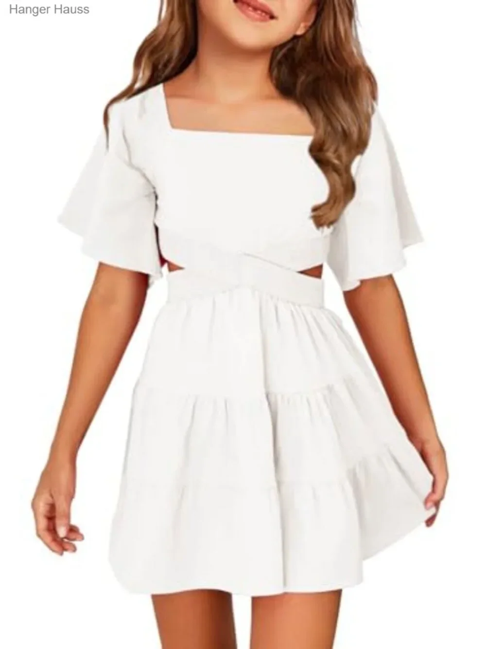 Girls Square Neck Short Sleeve Crossover Waist A-Line Mini Dress